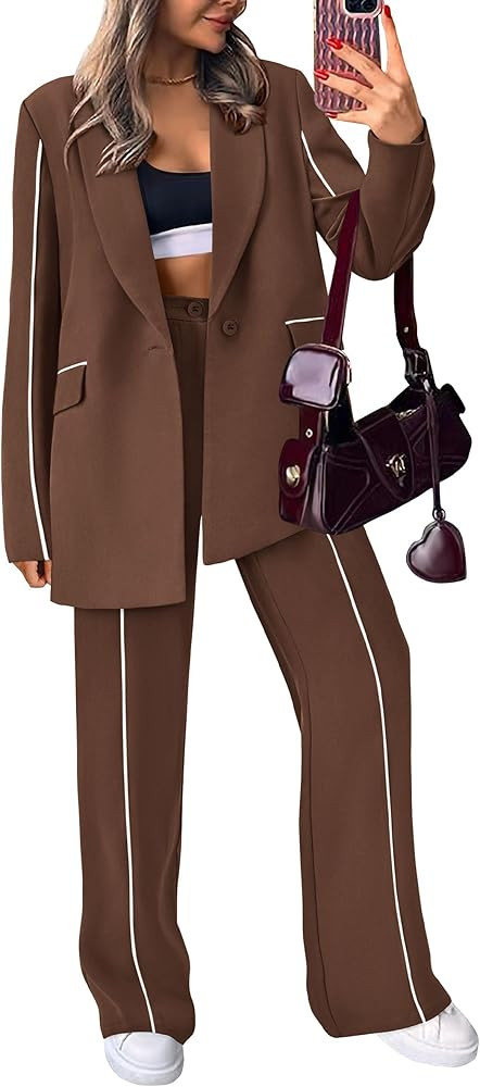 PRETTYGARDEN Women's Fall Spring 2 Piece Blazer Outfits Business Casual Oversized Jacket Wide Leg... | Amazon (US)