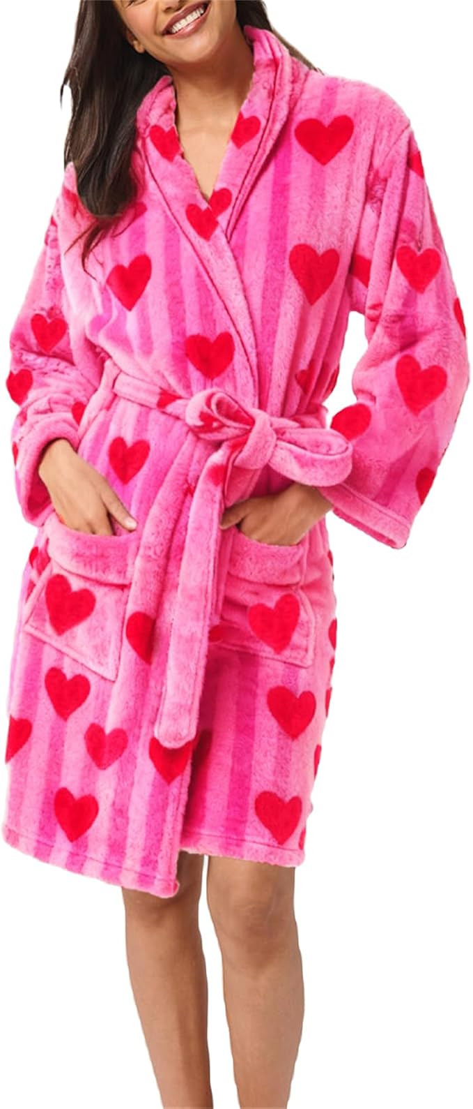 Miqil Women Fuzzy Fleece Flannel Lounge Robe Cute Bow Knot Heart Print Shawl Collar Belted Plush ... | Amazon (US)