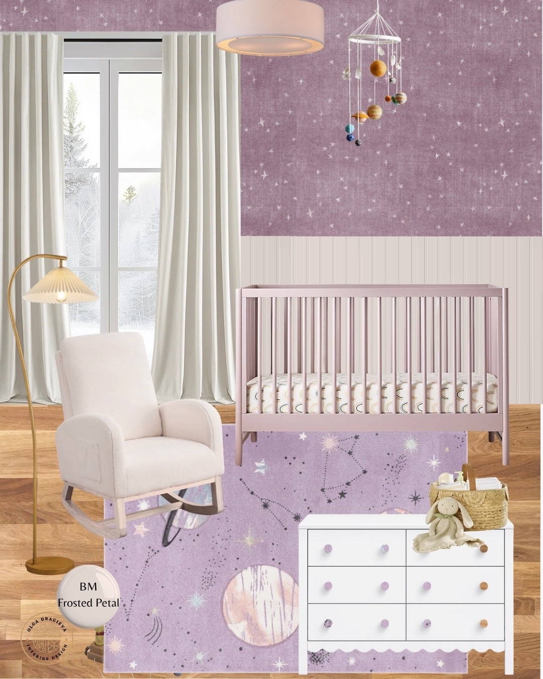 Cute purple nursery mood board, loving the Space rug from Wayfair, beautiful crib, affordable rocker, white dresser, fun wallpaper. #homedecor #nurseryy

#LTKBaby #LTKBump #LTKHome