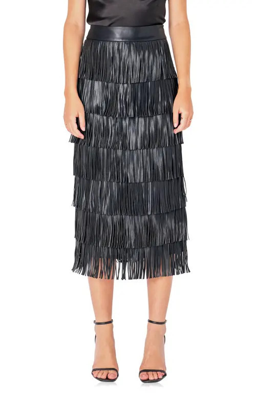 Endless Rose Fringe Tiered Faux Leather Midi Skirt in Black at Nordstrom, Size X-Small | Nordstrom