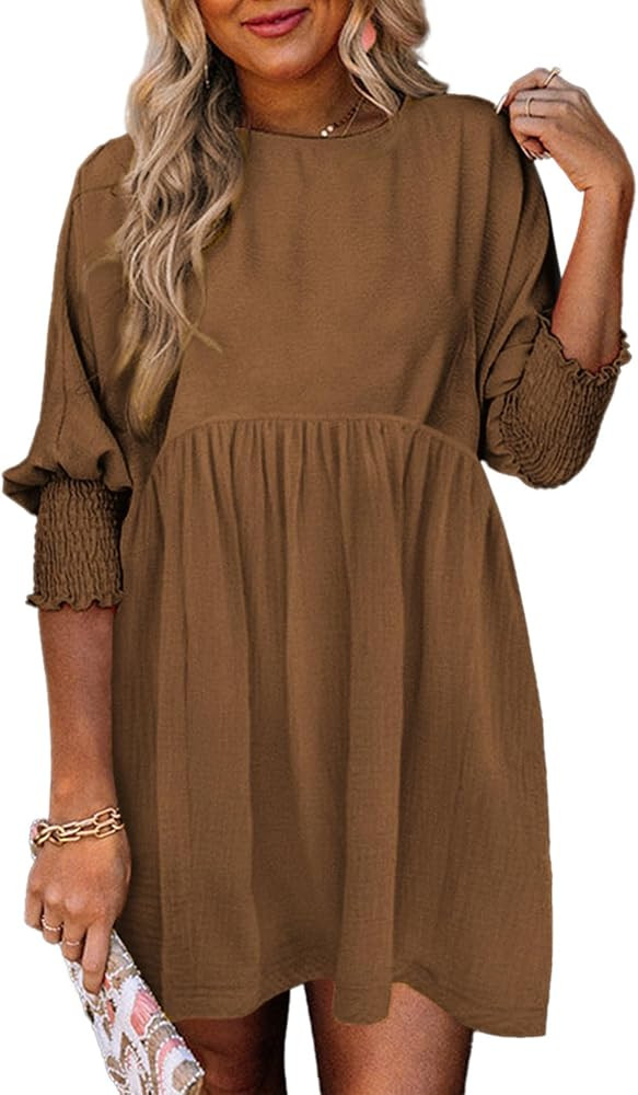 Dokotoo Womens Empire Waist 3/4 Sleeve Casual Babydoll Mini Dress | Amazon (US)