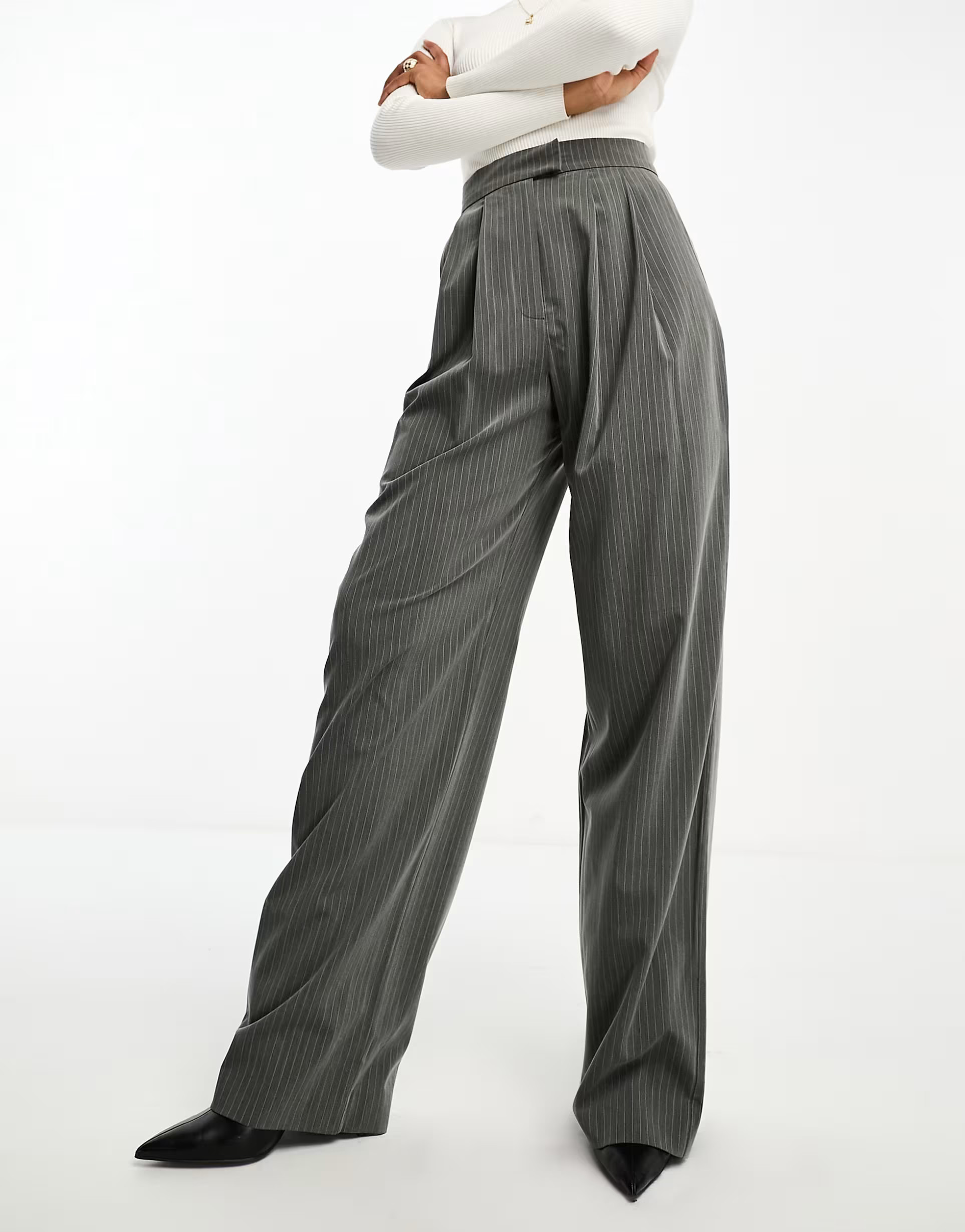 ASOS DESIGN Tall wide leg pleated striped pants in gray | ASOS (Global)