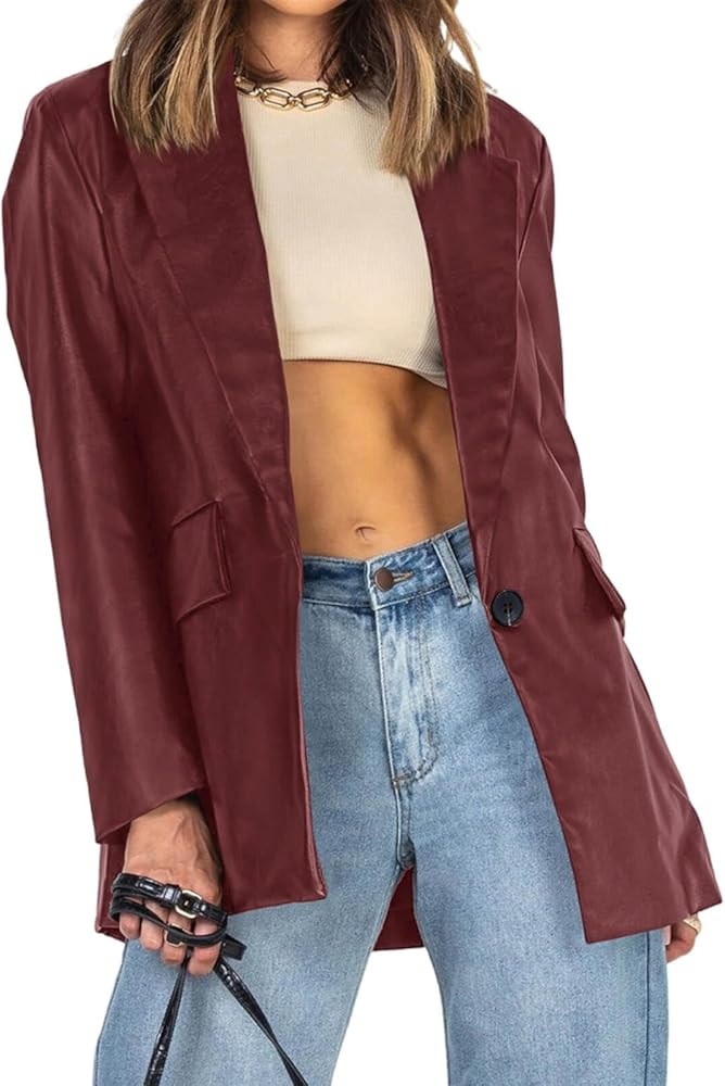 Pepochic Womens Oversized Leather Jacket Long Sleeve Faux Leather Blazer Lapel Button Down Leathe... | Amazon (US)