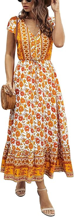Temofon Women's Dresses Summer Floral Print Button Up Casual Beach High Waist V Neck Maxi Dress | Amazon (US)
