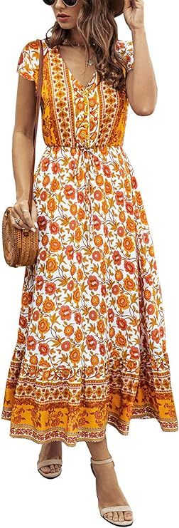 Temofon Women's Dresses Summer Floral Print Button Up Casual Beach High Waist V Neck Maxi Dress | Amazon (US)