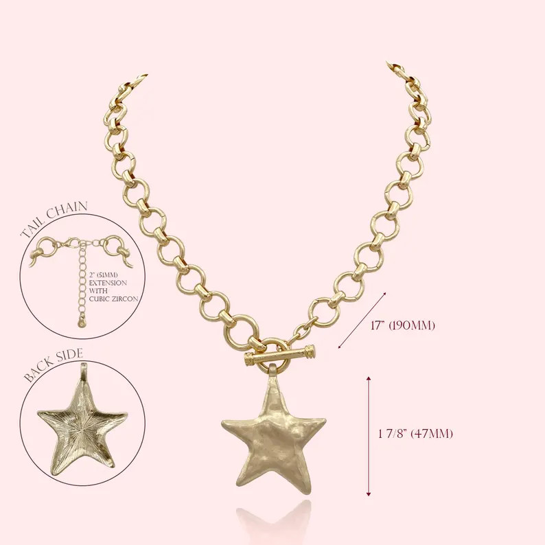 Hammered Bold Star Necklace Thick Chain Set, Chunky Star Statement Pendant Toggle Necklace, Handm... | Etsy (US)