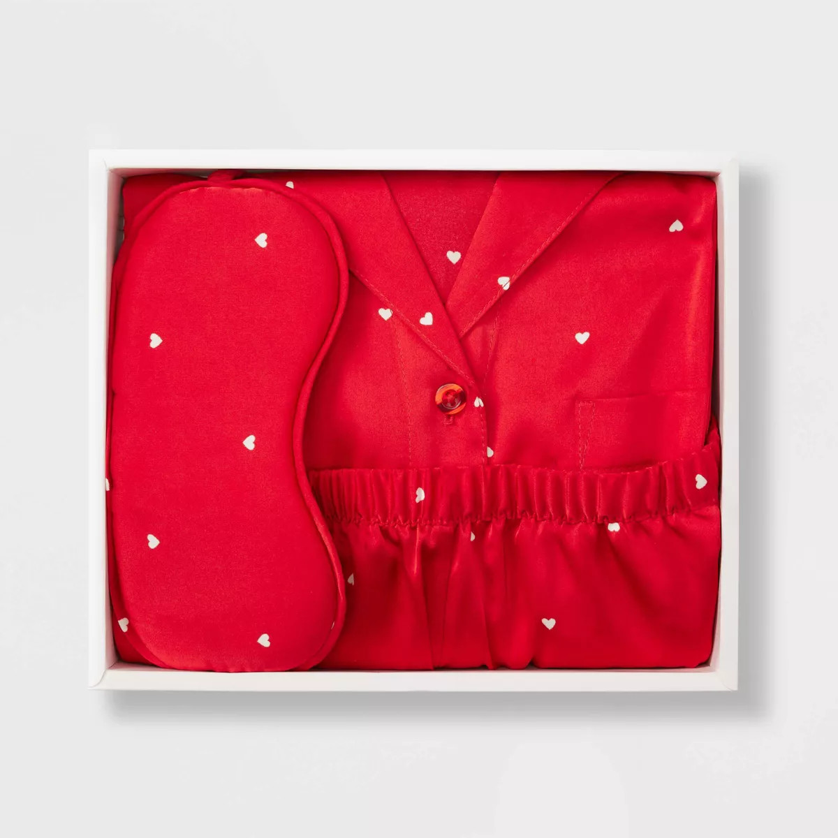 Women's 3pc Satin Long Sleeve Top and Shorts Pajama Set with Eye Mask - Auden™ Red/Hearts XS | Target