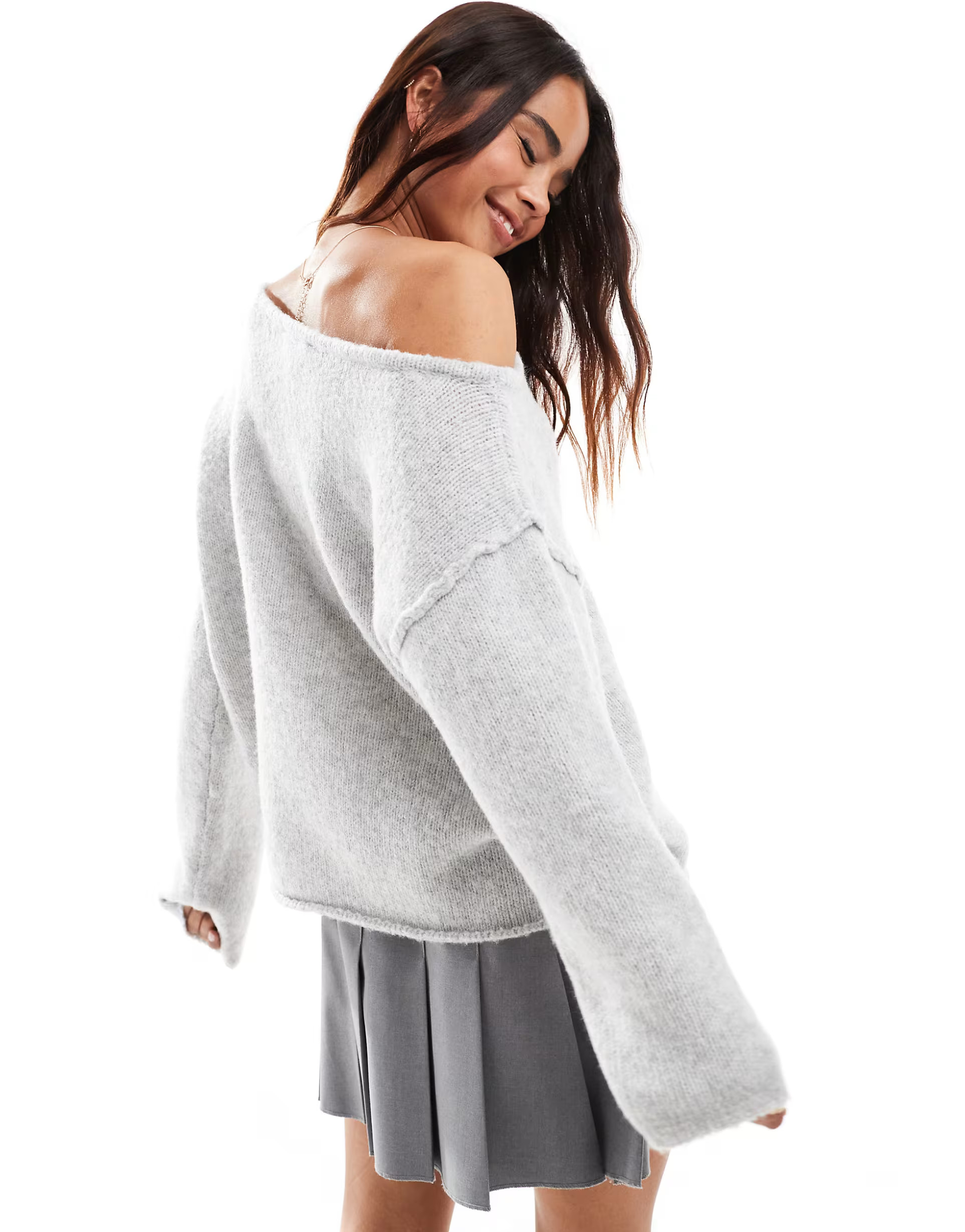 Miss Selfridge asym off the shoulder slouchy cosy knit jumper in grey marl | ASOS | ASOS (Global)