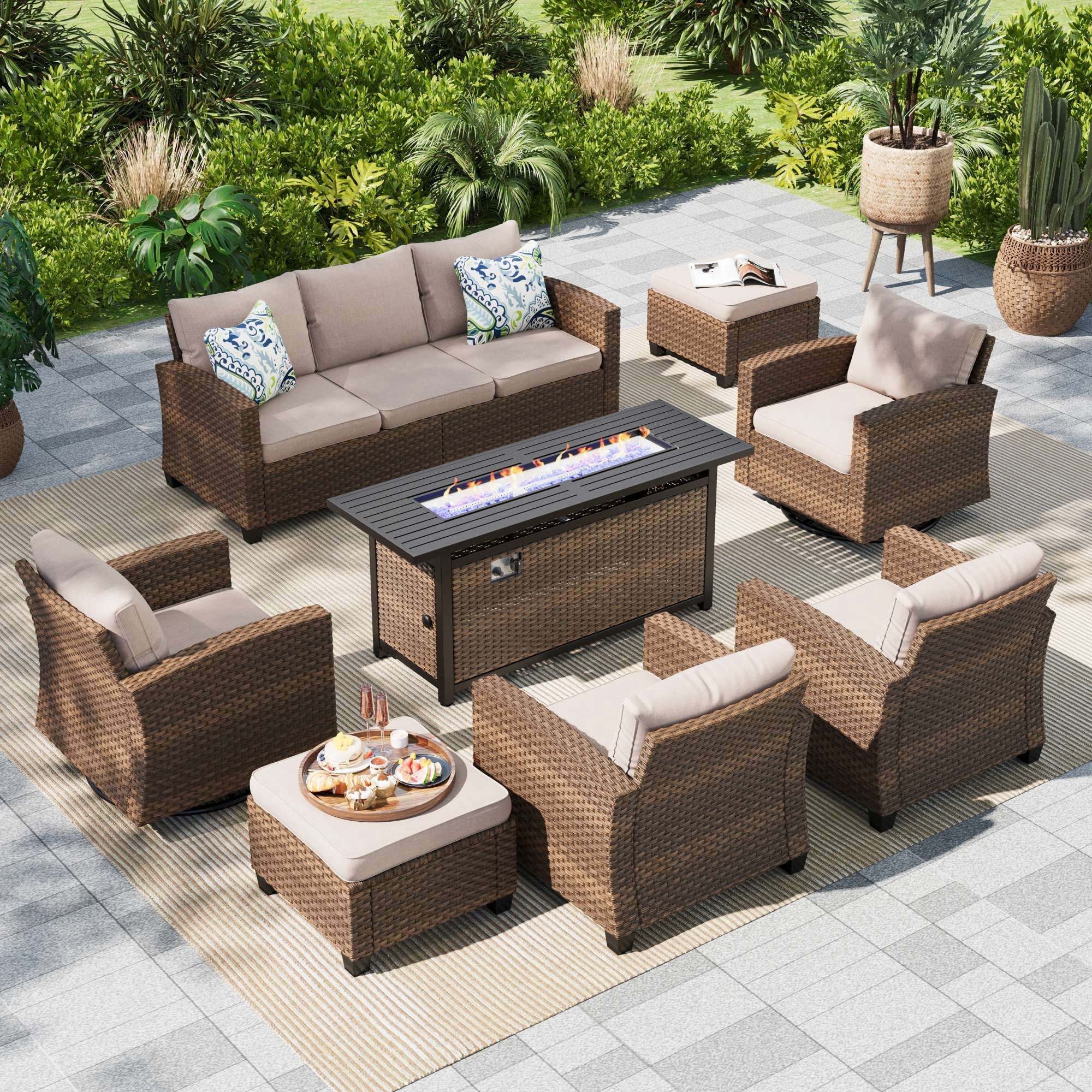 MF Studio 9-Seater Outdoor Patio Furniture Set with Swivel Chair Sofa and Fire Pit Table Wicker P... | Walmart (US)