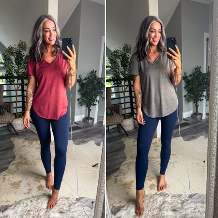 Oversized super soft tees! Wearing size L in gray and size M in burgundy. Leggings are a new try for me with no middle inseam. Wearing size M but a little loose in waist for me, so going to size down.

#LTKOver40 #LTKStyleTip