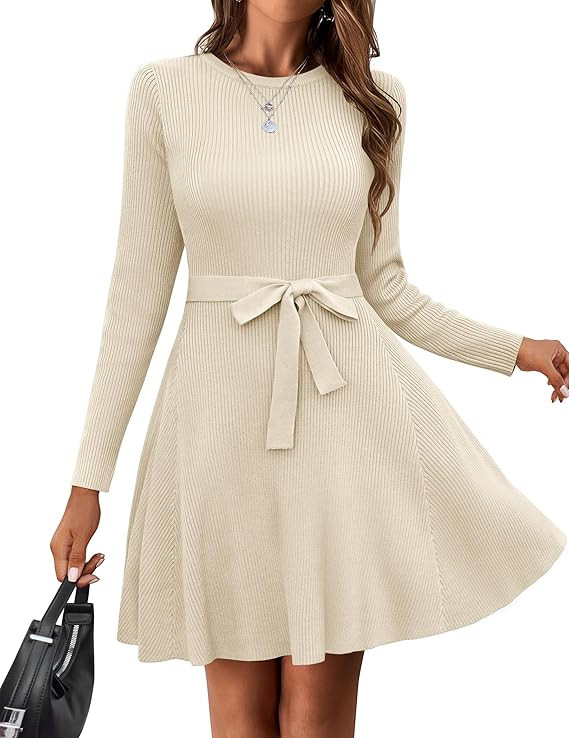 Zeagoo Women's 2024 Casual Dress Crewneck Tie Waist Fall Ribbed Dress with Belt Long Sleeve A Lin... | Amazon (US)