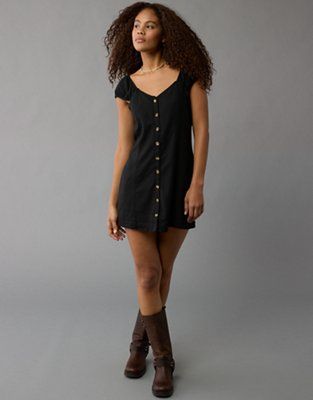 AE Puff Sleeve Button-Up Mini Dress | American Eagle Outfitters (US & CA)