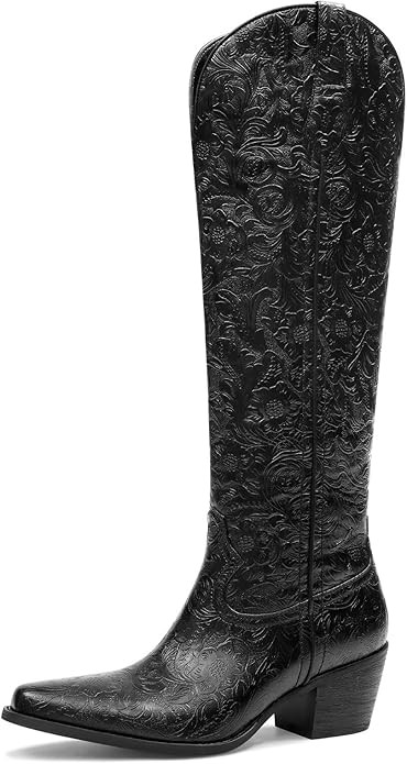 Cowboy Boots for Women Black Cowgirl Boots Embossed Knee High Western Chunky Block Heel Pointed T... | Amazon (US)