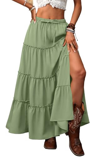 ELLEVEN Women's Summer Slit Tiered Maxi Skirt - Boho A-Line Elastic Waist Long Skirts with Pocket... | Amazon (US)