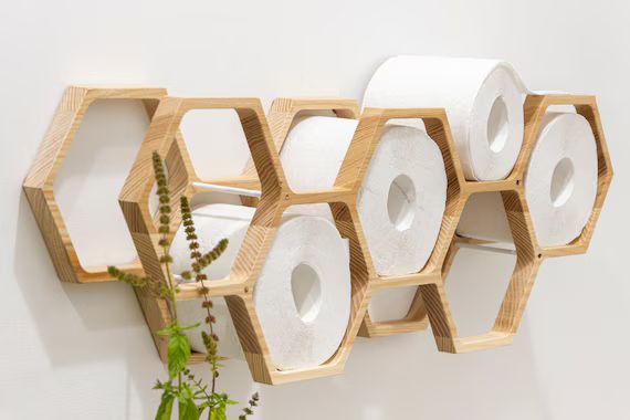 Toilet paper holder shelf wc roll wall mount wood floating rack for bathroom honeycomb | Etsy (US)