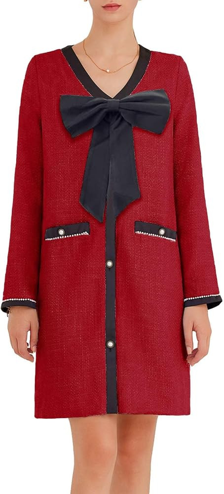 Women's Tweed Bow Mini Dress Long Sleeve V Neck Button Down Dress Elegant Business Work Dress | Amazon (US)