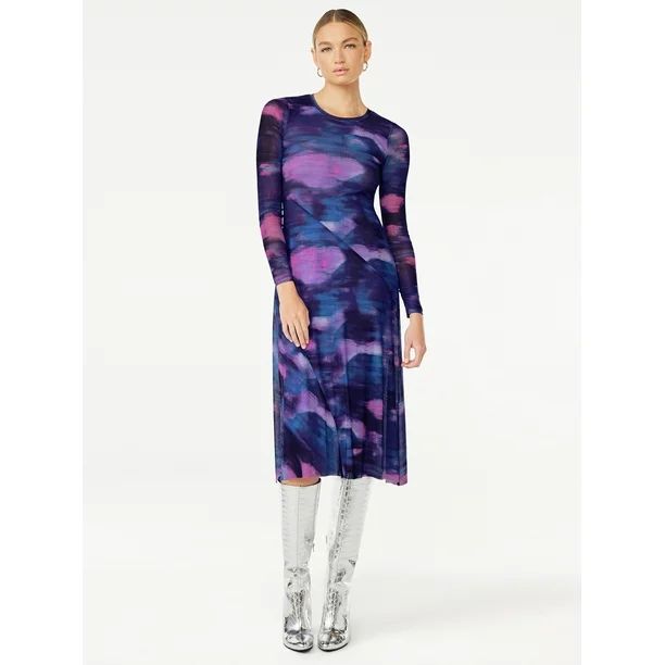 Scoop Women’s Long Sleeve Asymmetrical Seam Mesh Dress, Sizes XS-XXL - Walmart.com | Walmart (US)
