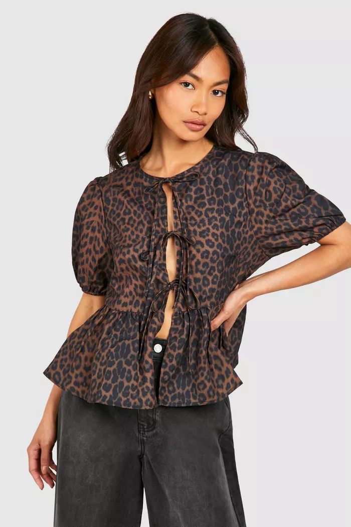 Leopard Puff Sleeve Bow Tie Top | boohoo (US & Canada)