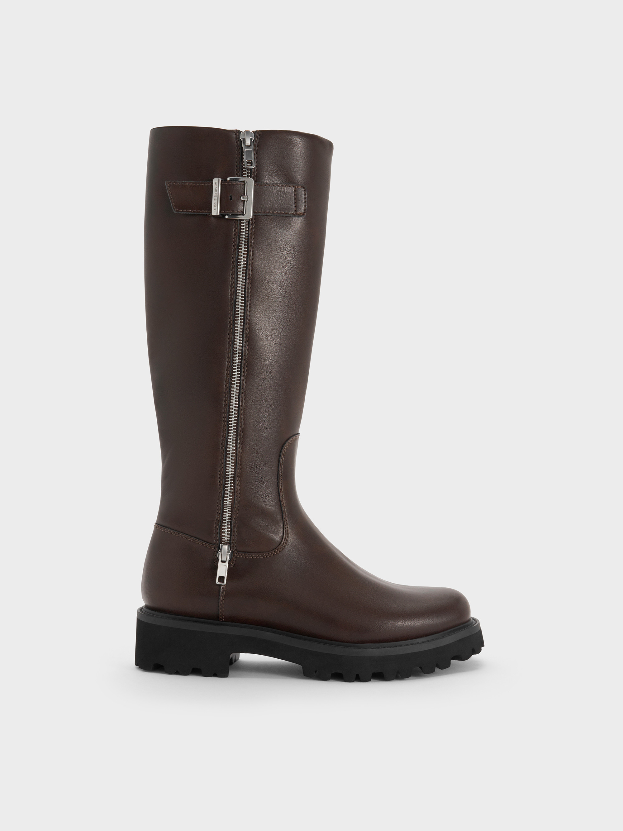 Lyndon Buckled Side-Zip Knee-High Boots
    
         - Dark Brown | Charles & Keith EU