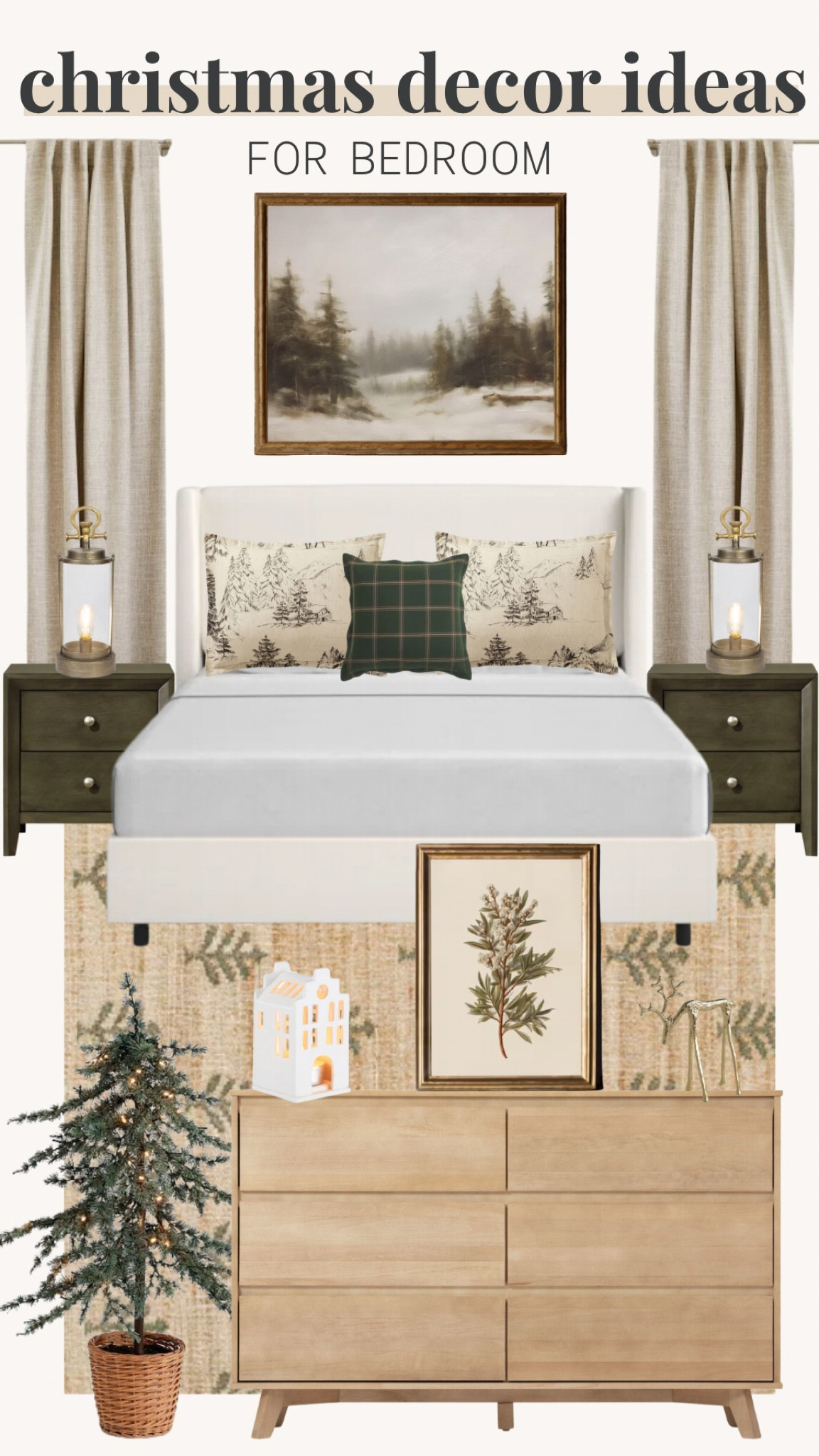 Christmas decor, bedroom Christmas decor ideas, master bedrooms, rug, dresser, tree, nightstand, wall art, curtains, lantern lamps 

#LTKSeasonal #LTKHome #LTKStyleTip