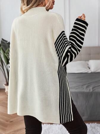 SHEIN Essnce Plus Striped Pattern Drop Shoulder Split Hem Sweater | SHEIN