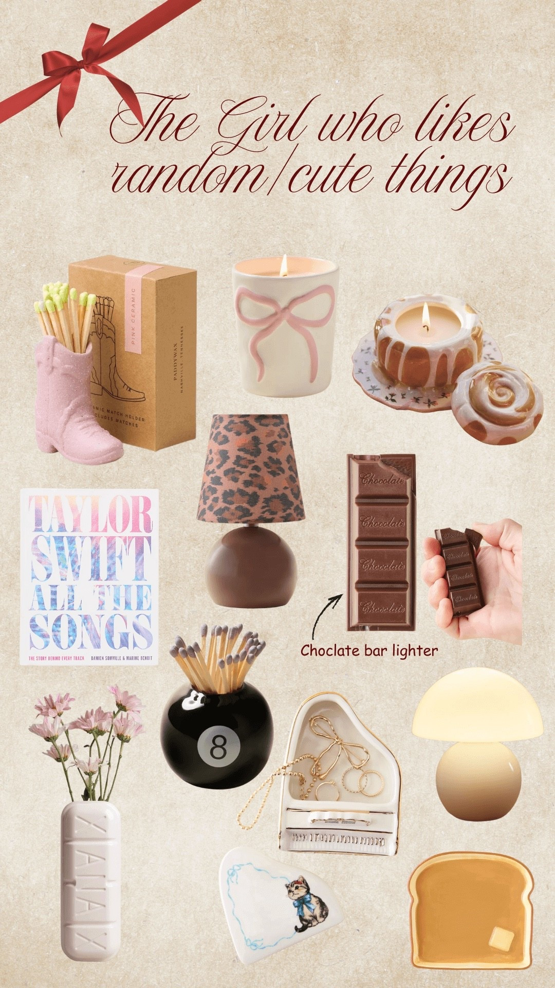 Gift ideas for the girl who likes random/cute things • trinkets • cinnamon roll candle • taylor swift • leopard lamp • match holder • lighter • mushroom lampp

#LTKCyberWeek #LTKHoliday #LTKGiftGuide