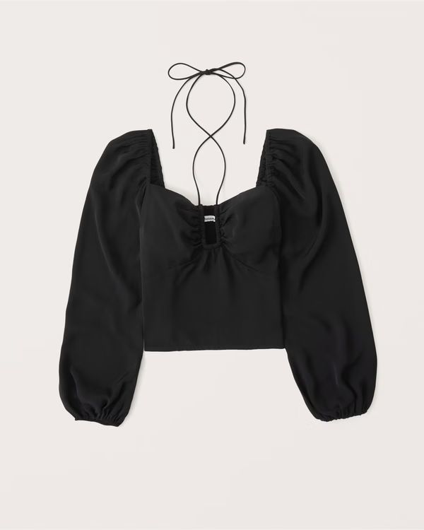 Long-Sleeve Faux Silk Cinched Top | Abercrombie & Fitch (US)