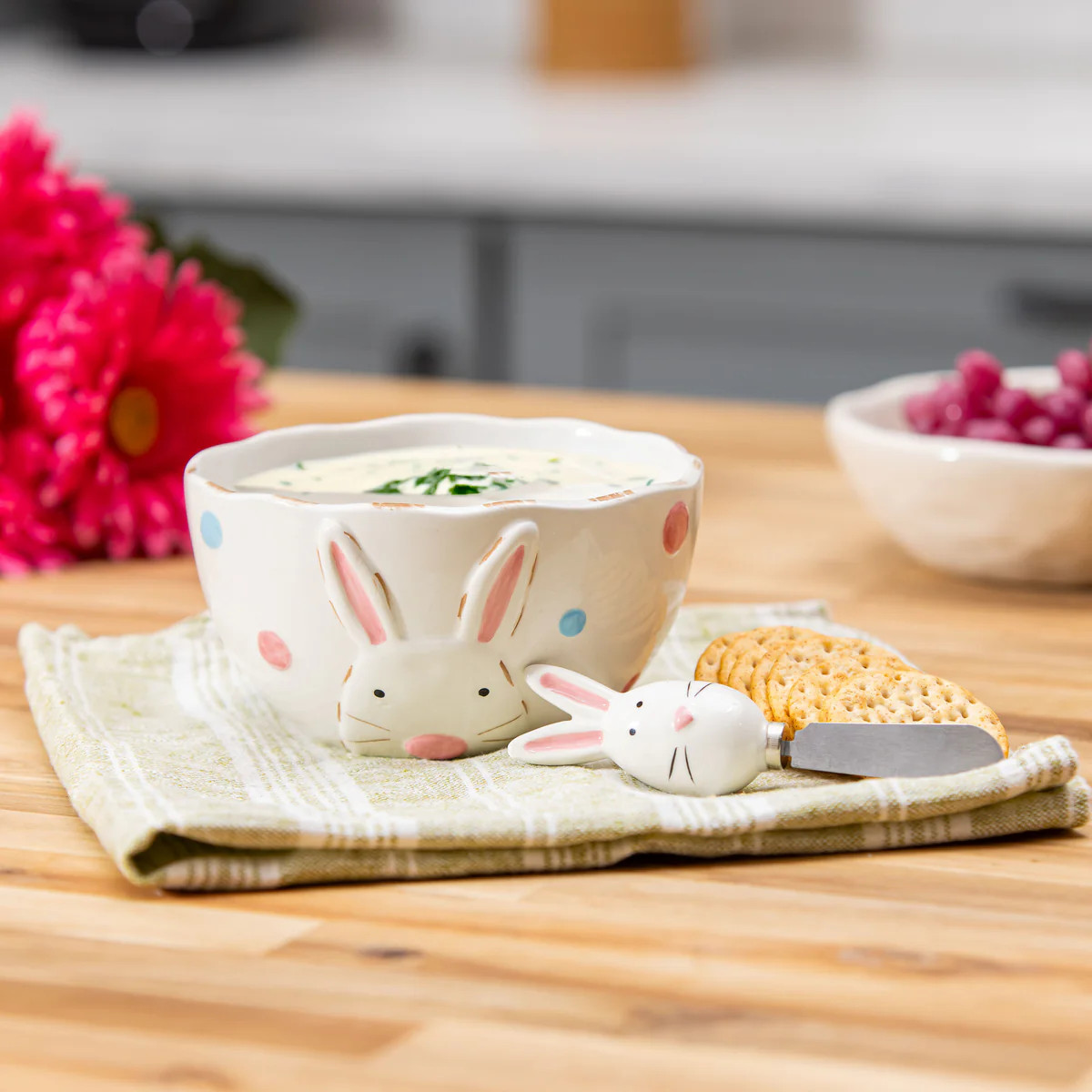 Bunny Blooms Serveware Ceramic Bunny Bowl and Spreader, Set of 2 | Plow & Hearth