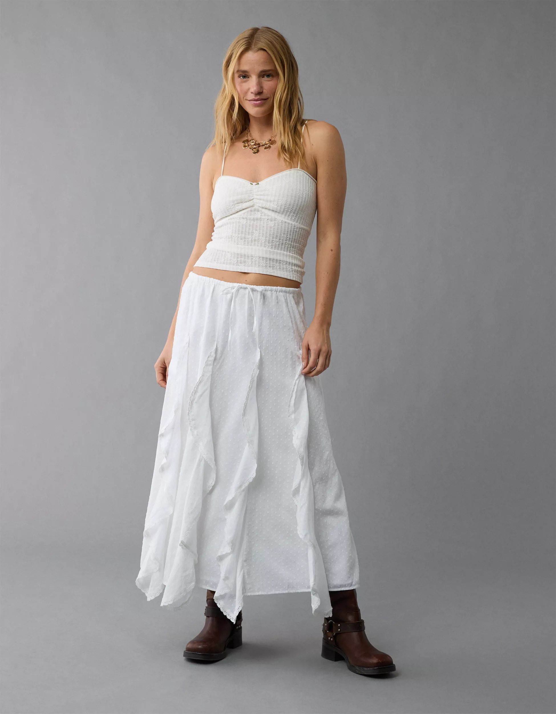 AE High-Waisted Cascade Ruffle Maxi Skirt | American Eagle Outfitters (US & CA)