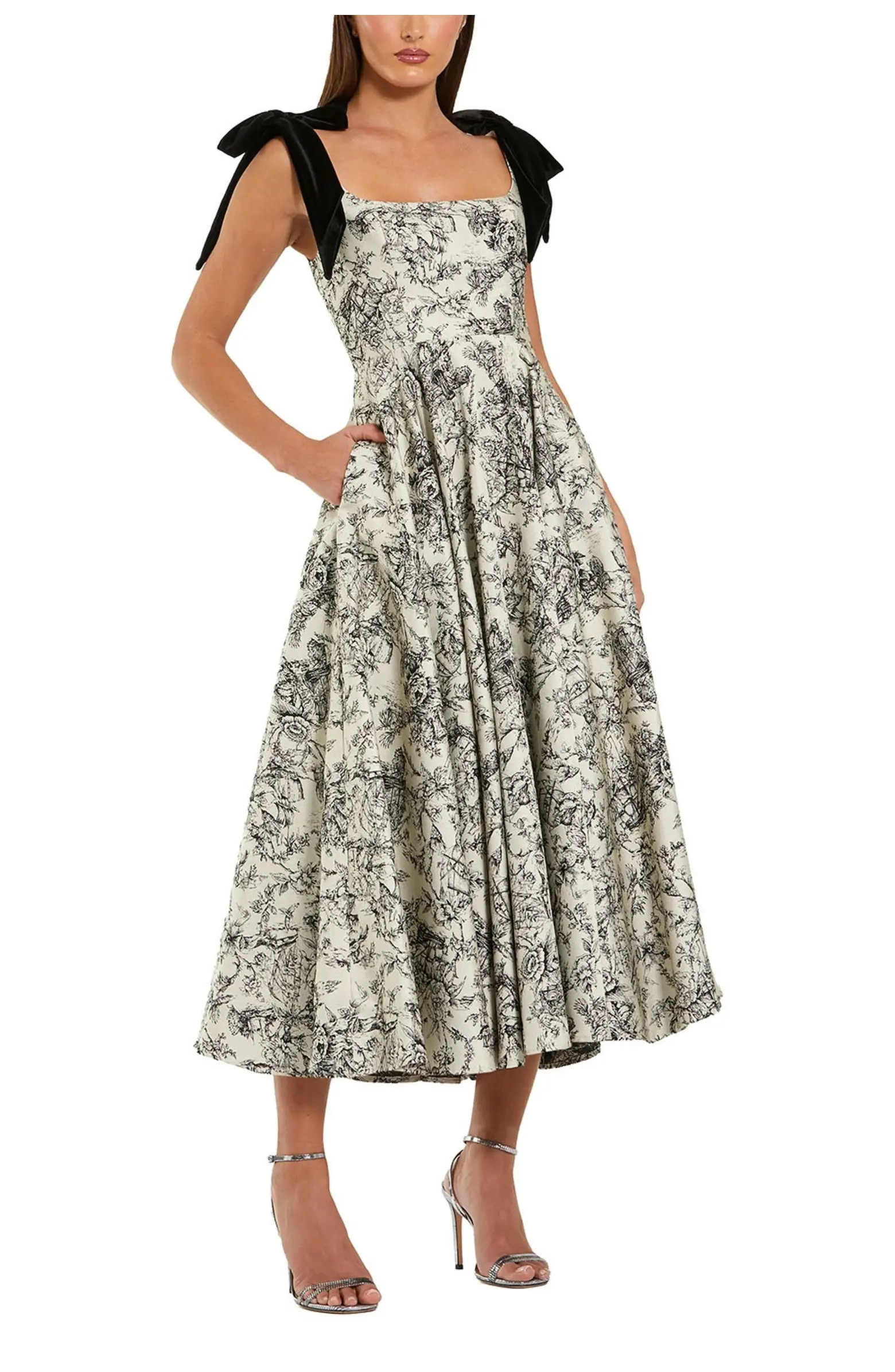 Brocade A Line Midi Dress With Bow Straps | Nordstrom