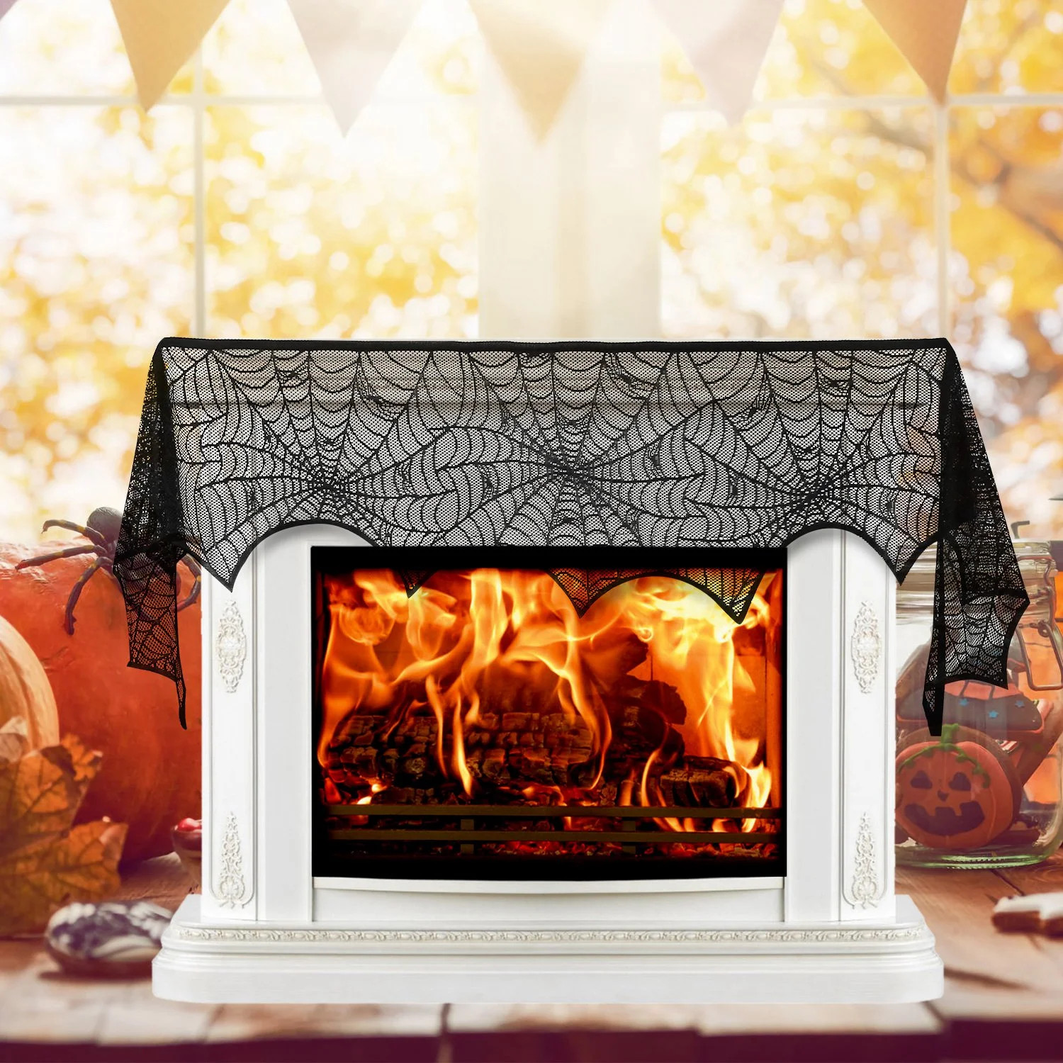 Halloween Black Lace Fireplace Mantel Scarf with Spiderweb, Bats & Spiders, 96" x 18 | Wayfair North America