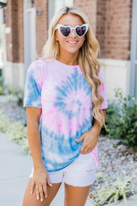 Awesome As Always Tie Dye Blouse Blue/Pink | The Pink Lily Boutique