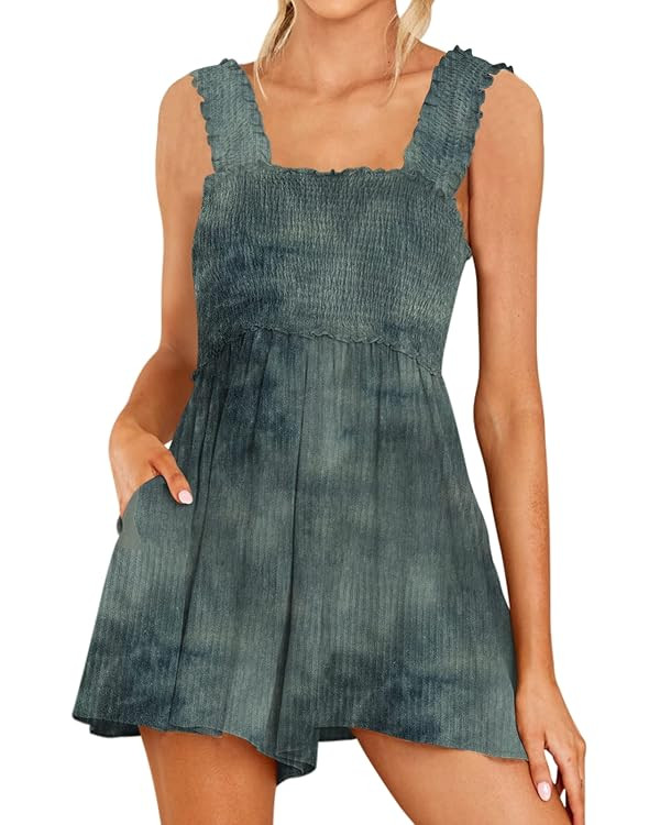 DEEP SELF Women Summer Sleeveless Romper Square Collar Ruffle Straps Flowy Short Jumpsuit with Po... | Amazon (US)