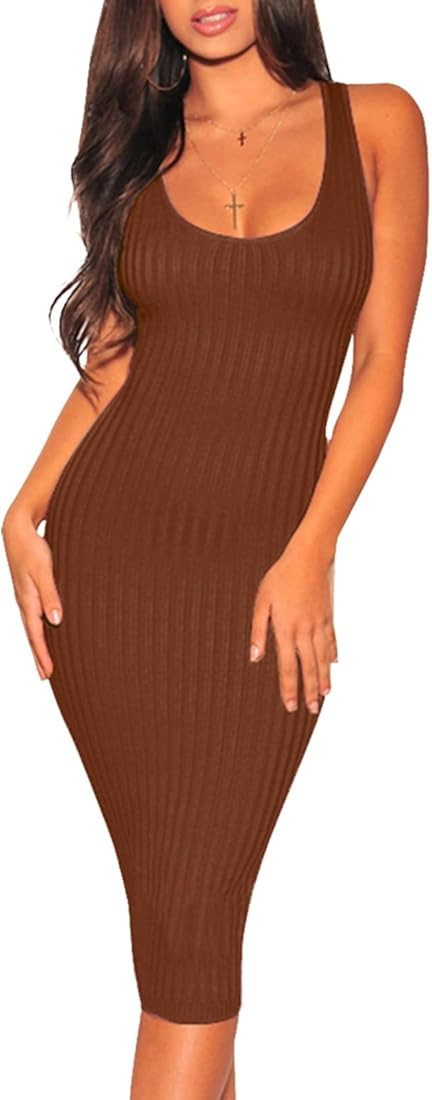 Women's Sexy Casual Bodycon Ribbed Tank Dress Scoop Neck Sleeveless Club Dresses | Amazon (US)