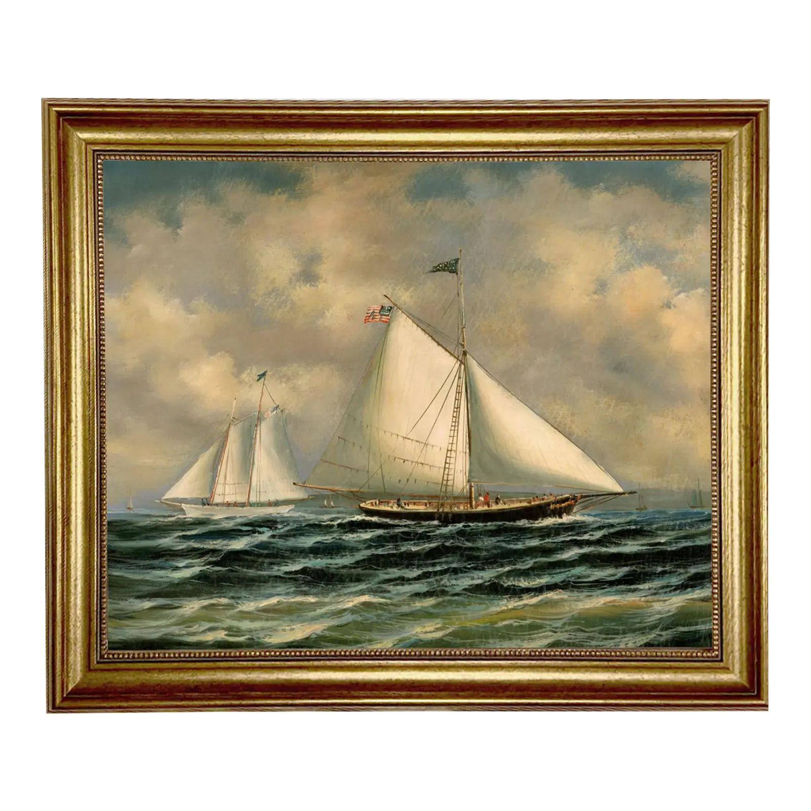 1851 Sloop Maria Racing America Framed Oil Painting Print on Canvas in Antiqued Gold Frame | Chairish