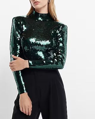 Sequin Mock Neck Long Sleeve Thong Bodysuit | Express