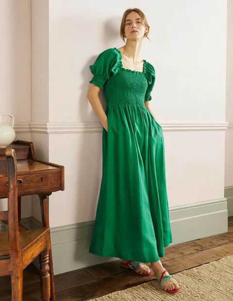 Smocked Bodice Midi Dress - Highland Green | Boden UK | Boden (UK & IE)
