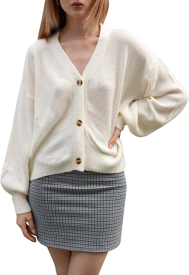 ZAFUL Women's Drop Shoulder Knit Sweater Cardigan Long Sleeve Button Up Loose Outerwear (White-Ac... | Amazon (US)