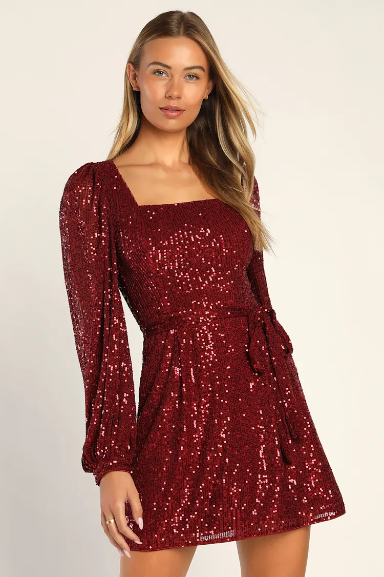 Festive Mood Wine Red Sequin Long Sleeve Mini Dress | Lulus