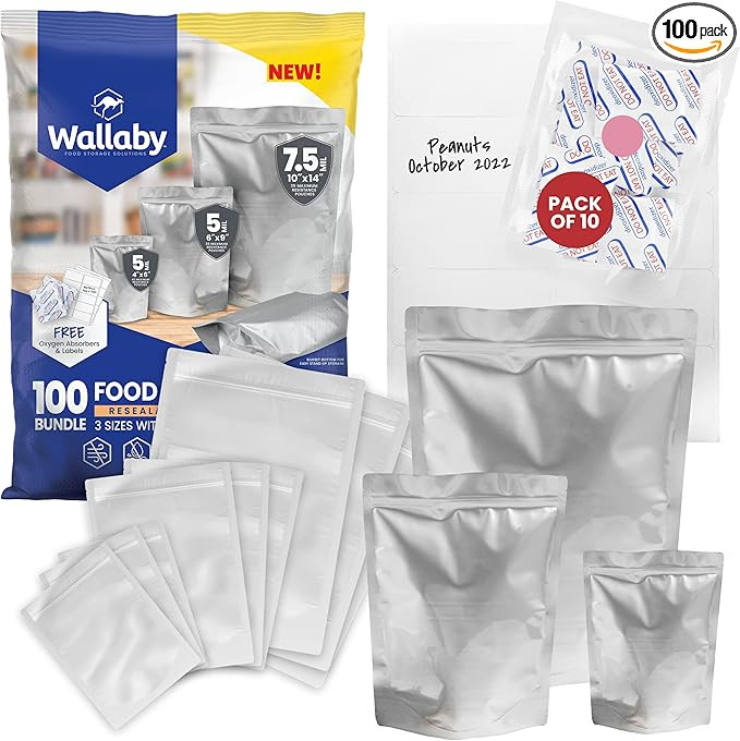 Wallaby 100 Count Mylar Bag Bundle - Multi-Size Pouches, 100x 400cc Oxygen Absorbers, 100x Labels... | Amazon (US)