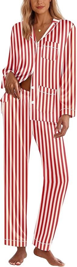 Ekouaer Silk Pajamas for Women Classic Button Down Satin Pajama Sets Long Sleeve Lounge Set | Amazon (US)