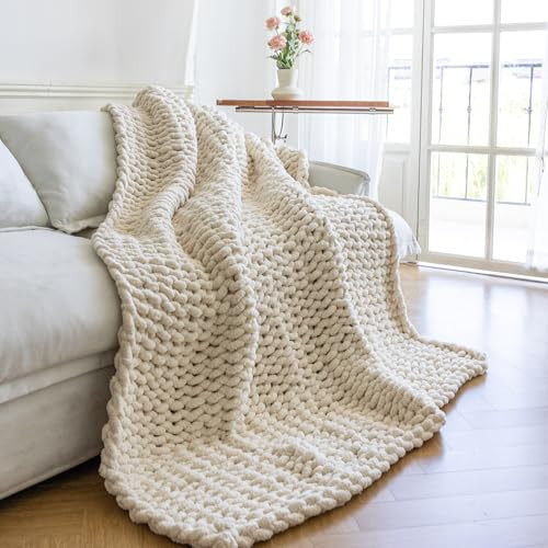 Larexius Chunky Knit Blanket - Luxury Soft Cozy 60 * 80 Throw Blanket, 100% Handmade Chenille Yarn Woven Blanket for Couch, Sofa, Home Decor, Gift - Machine Washable (Cream, 60 * 80) | Amazon (US)
