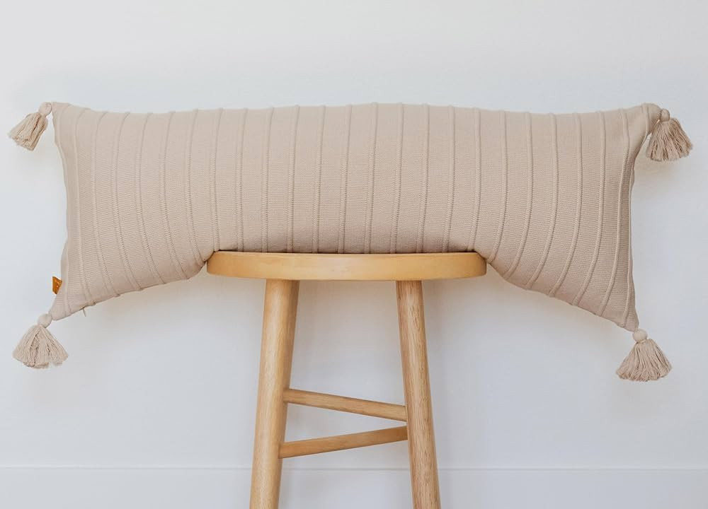 100% Soft Cotton Raised Stripes Textured Rib Knit Lumbar Throw Pillow Cover with Tassels 14x36 (Neutral) | Amazon (US)