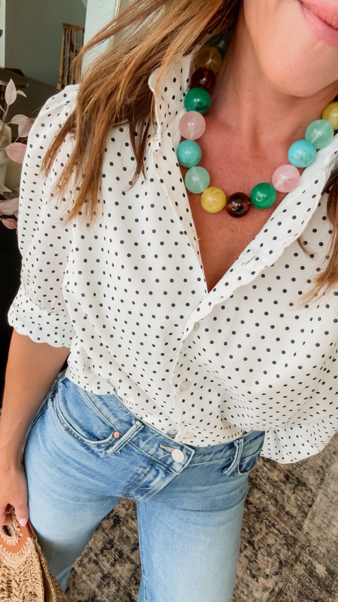Restock alert on this exact necklace color way!! Color: multi 
Mini navy blue polka dot blouse 😍
Size XS
Jeans tts, 25 regular 
Spring outfit  

#LTKSeasonal #LTKOver40 #LTKmomlife