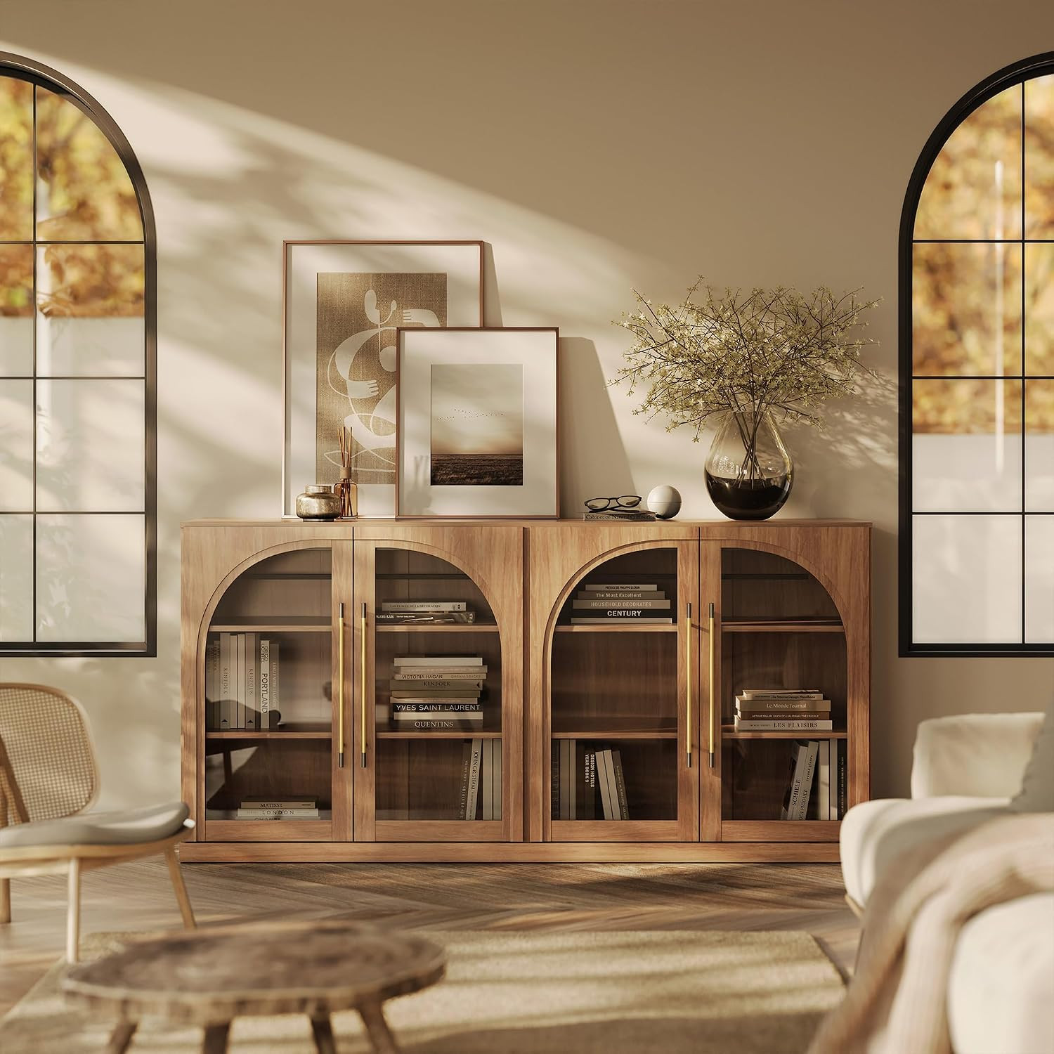 BELLEZE 65" Arched Sideboard with Glass Door, Accent Buffet Cabinet with Storage and Adjustable Shelves, Classic Modern Large Console Table for Dining Room Living Room Entryway (Camel) | Amazon (US)