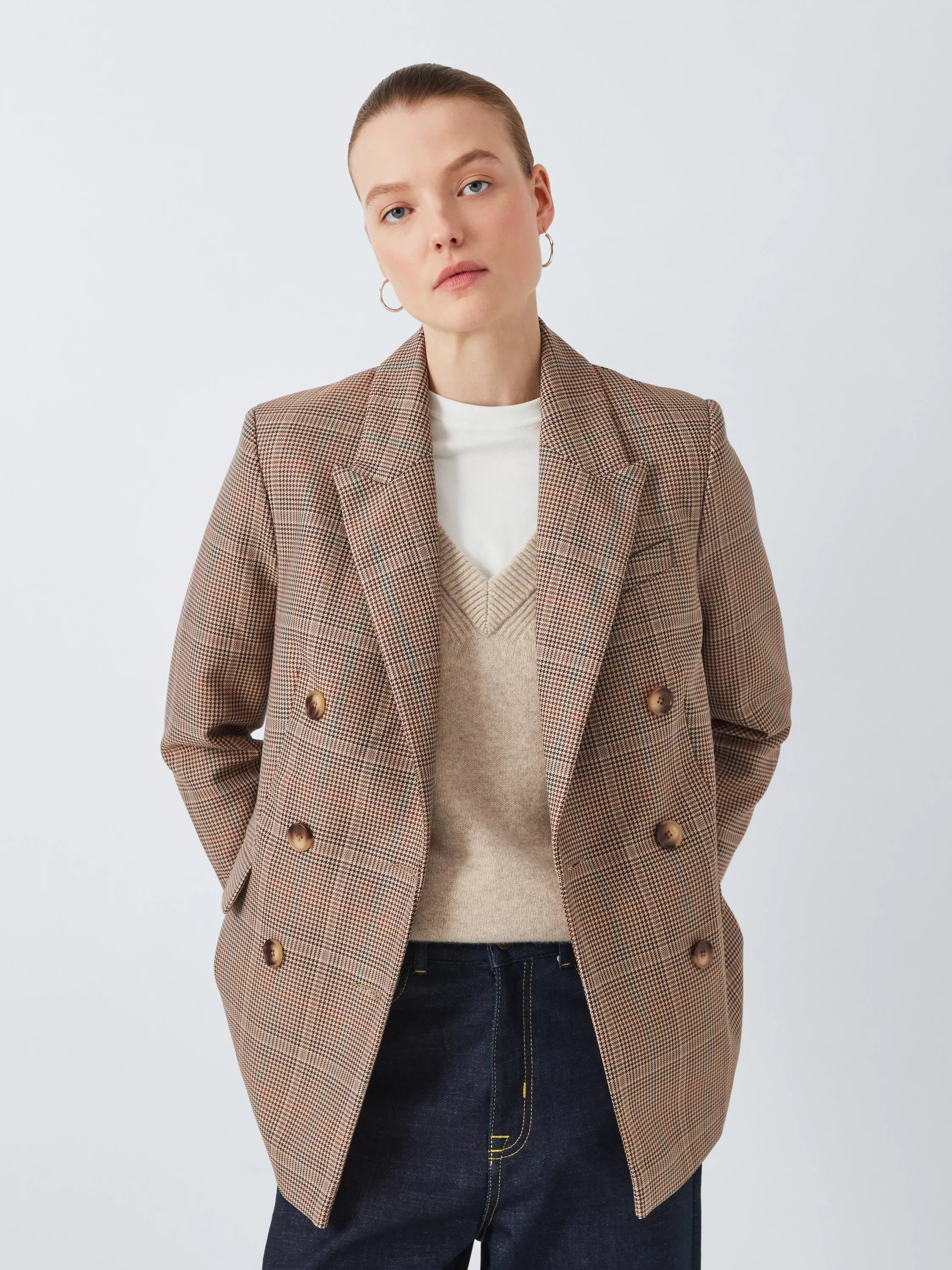 John Lewis Check Double Breasted Blazer, Natural Check | John Lewis (UK)
