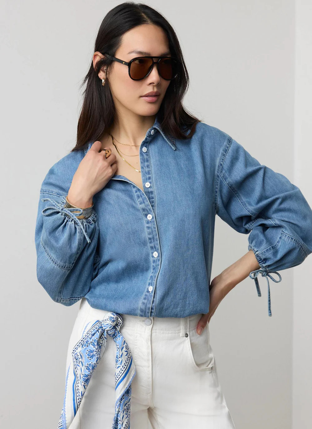 Mid Indigo Denim Blouson Sleeve Shirt | Mint Velvet