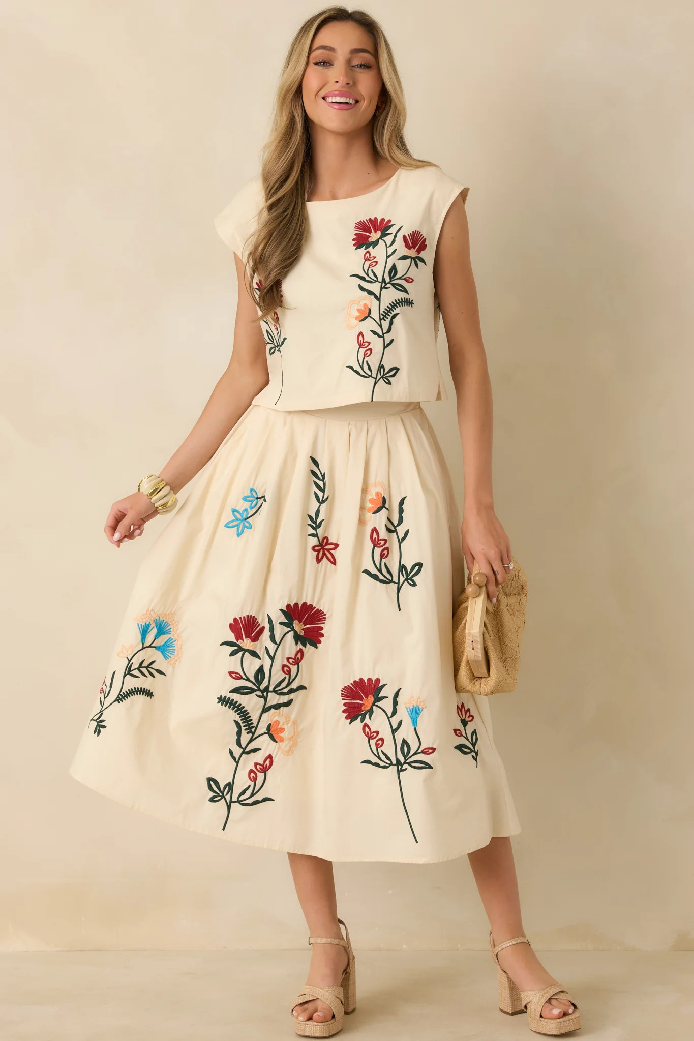 Found Treasures Natural Multi Floral Embroidered Crop Top | Red Dress