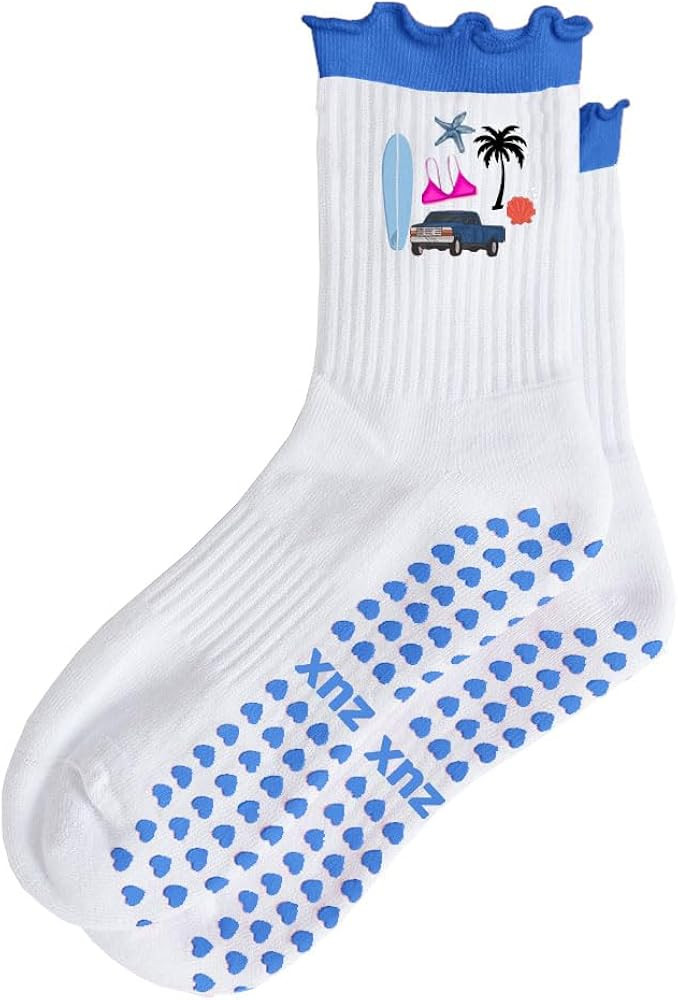 Women Cute Pilates Socks Grip Crew Yoga Socks Ruffle Cuff Embroidery Pattern Workout Ballet Socks | Amazon (US)