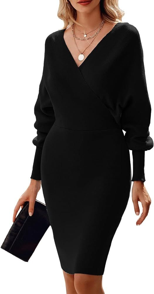 PRETTYGARDEN Women's 2023 Fall Pullover Sweater Dress Long Sleeve Wrap V Neck Backless Bodycon Pe... | Amazon (US)